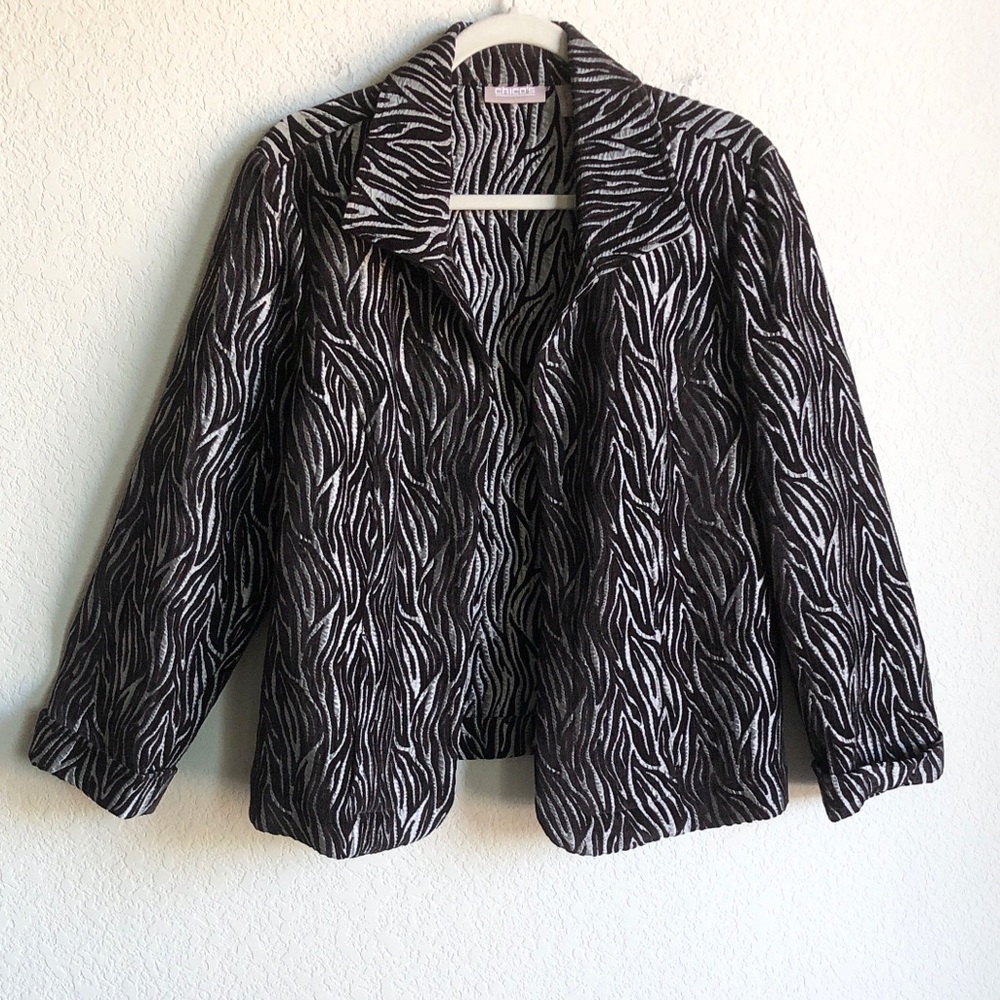 Chicos Zebra Print Open Front Blazer Jacket Jacquard 2 Large 12 3/4 Sleeve